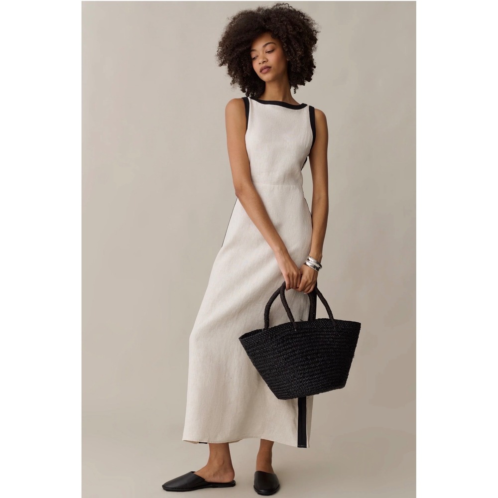 o.p.t One Pretty Time Linen Maxi Dress Beige Black Trim Sleeveless Size 4 NEW